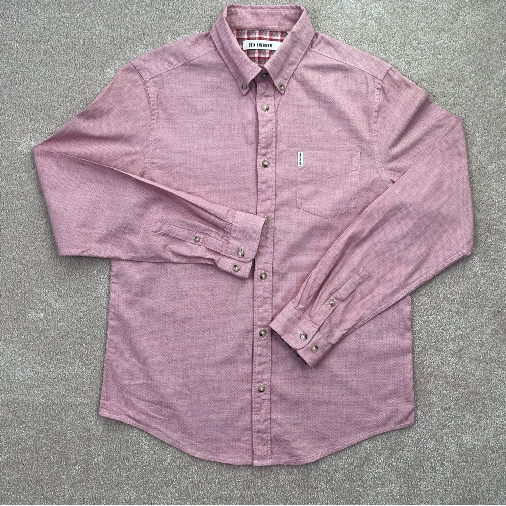 Ben Sherman Shirt Medium Pink Button Up Long Sleeve Plaid Detail Preppy Men
